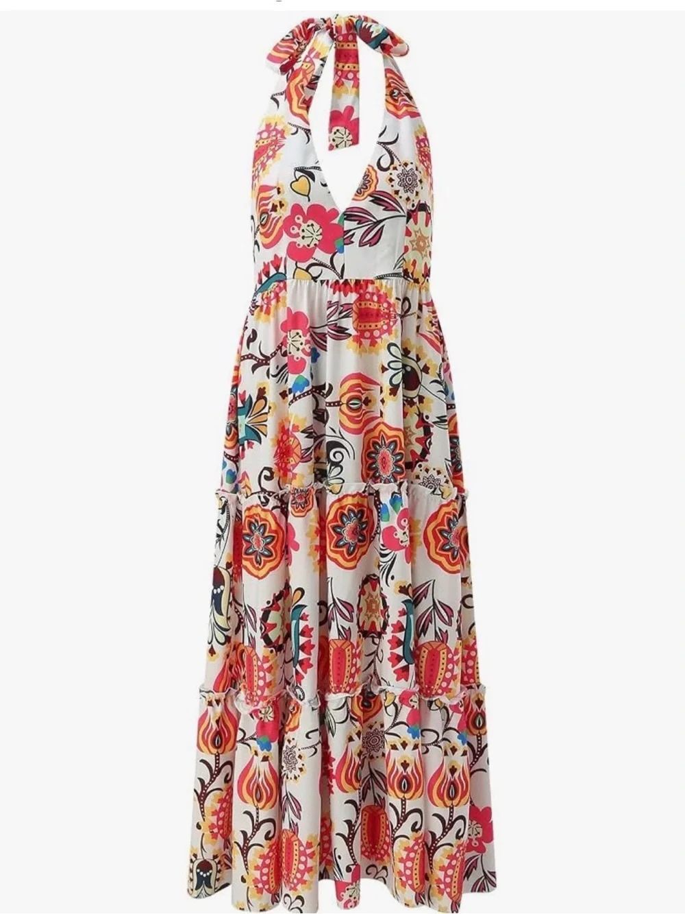 0177 Source Unknown White Halter Maxi Dress with Multicolor Floral Print - Picture 3 of 7